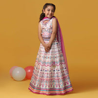 Kalki Beige Cream Printed Lehenga And Blouse Set In Silk For Girls