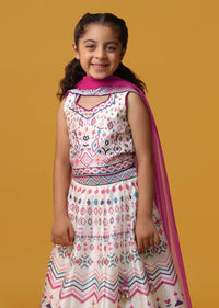 Kalki Beige Cream Printed Lehenga And Blouse Set In Silk For Girls