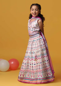Kalki Beige Cream Printed Lehenga And Blouse Set In Silk For Girls