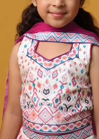 Kalki Beige Cream Printed Lehenga And Blouse Set In Silk For Girls