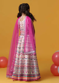 Kalki Beige Cream Printed Lehenga And Blouse Set In Silk For Girls