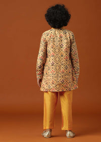 Kalki Beige Orange Printed Kurta Pant Set In Cotton Silk