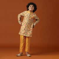 Kalki Beige Orange Printed Kurta Pant Set In Cotton Silk