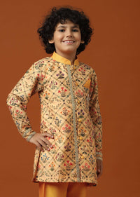 Kalki Beige Orange Printed Kurta Pant Set In Cotton Silk