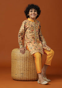 Kalki Beige Orange Printed Kurta Pant Set In Cotton Silk