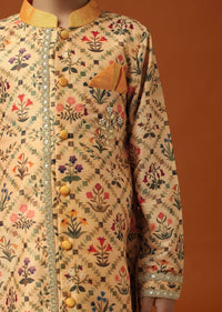 Kalki Beige Orange Printed Kurta Pant Set In Cotton Silk