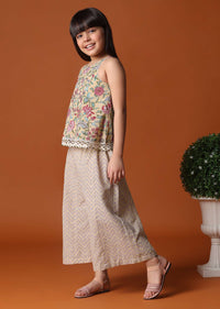 KALKI Beige Printed Top And Palazzo Set In Cotton For Girls
