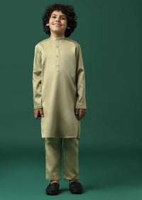 Kalki Beige Sherwani Set In Satin With Threadwork And Sequins Embroidery For Boys