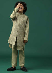 Kalki Beige Sherwani Set In Satin With Threadwork And Sequins Embroidery For Boys