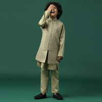 Kalki Beige Sherwani Set In Satin With Threadwork And Sequins Embroidery For Boys