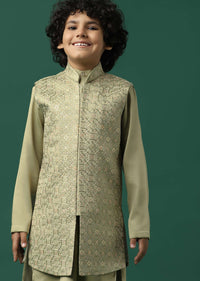 Kalki Beige Sherwani Set In Satin With Threadwork And Sequins Embroidery For Boys