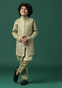 Kalki Beige Sherwani Set In Satin With Threadwork And Sequins Embroidery For Boys