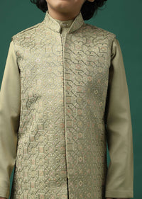 Kalki Beige Sherwani Set In Satin With Threadwork And Sequins Embroidery For Boys