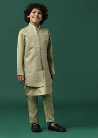 Kalki Beige Sherwani Set In Satin With Threadwork And Sequins Embroidery For Boys