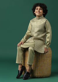 Kalki Beige Sherwani Set In Satin With Threadwork And Sequins Embroidery For Boys