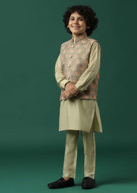 Kalki Beige Textured Bandi Jacket Set In Silk With Floral Print For Boys