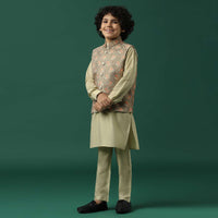 Kalki Beige Textured Bandi Jacket Set In Silk With Floral Print For Boys