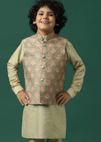 Kalki Beige Textured Bandi Jacket Set In Silk With Floral Print For Boys
