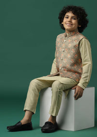 Kalki Beige Textured Bandi Jacket Set In Silk With Floral Print For Boys