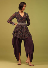 Dusty Brown Dhoti Kurta Set In Georgette With Multicolor Floral Print & Embroidery