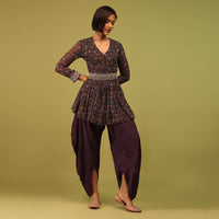 Dusty Brown Dhoti Kurta Set In Georgette With Multicolor Floral Print & Embroidery