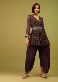 Dusty Brown Dhoti Kurta Set In Georgette With Multicolor Floral Print & Embroidery