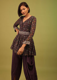 Dusty Brown Dhoti Kurta Set In Georgette With Multicolor Floral Print & Embroidery