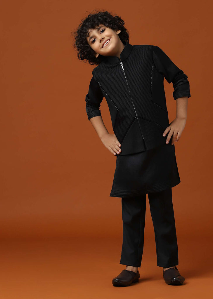 Kalki Black Embroidered Terry Rayon Jacket And Silk Kurta Set For Boys