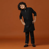 Kalki Black Embroidered Terry Rayon Jacket And Silk Kurta Set For Boys