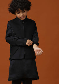 Kalki Black Embroidered Terry Rayon Jacket And Silk Kurta Set For Boys