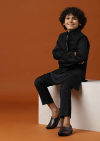 Kalki Black Embroidered Terry Rayon Jacket And Silk Kurta Set For Boys