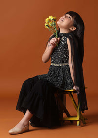 KALKI Black Kurti And Sharara Set With Mirror Work For Girls