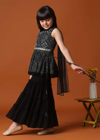 KALKI Black Kurti And Sharara Set With Mirror Work For Girls