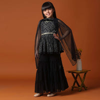 KALKI Black Kurti And Sharara Set With Mirror Work For Girls