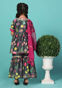 Kalki Black Printed Kurta And Sharara Set In Cotton Silk For Girls