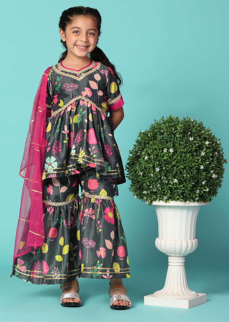 Kalki Black Printed Kurta And Sharara Set In Cotton Silk For Girls