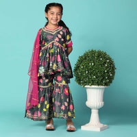 Kalki Black Printed Kurta And Sharara Set In Cotton Silk For Girls