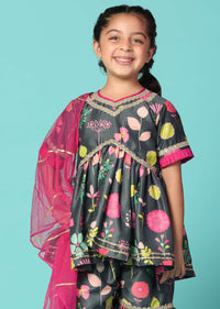 Kalki Black Printed Kurta And Sharara Set In Cotton Silk For Girls