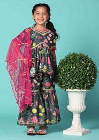 Kalki Black Printed Kurta And Sharara Set In Cotton Silk For Girls