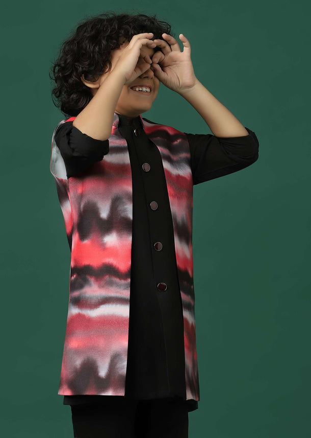 Kalki Black Printed Kurta Jacket Set In Silk For Boys