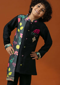 Kalki Black Printed Kurta Pant Set In Cotton Silk For Boys