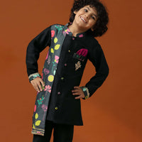 Kalki Black Printed Kurta Pant Set In Cotton Silk For Boys