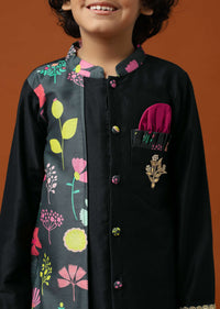 Kalki Black Printed Kurta Pant Set In Cotton Silk For Boys