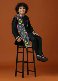 Kalki Black Printed Kurta Pant Set In Cotton Silk For Boys