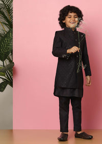 Kalki Black Sherwani Set In Raw Silk With Threadwork And Sequins For Boys