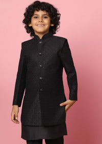 Kalki Black Sherwani Set In Raw Silk With Threadwork And Sequins For Boys