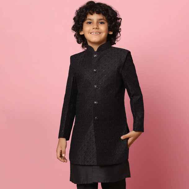 Kalki Black Sherwani Set In Raw Silk With Threadwork And Sequins For Boys