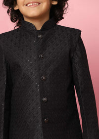 Kalki Black Sherwani Set In Raw Silk With Threadwork And Sequins For Boys