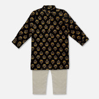 Kalki Black Printed Kurta Pant Set In Cotton For Boys