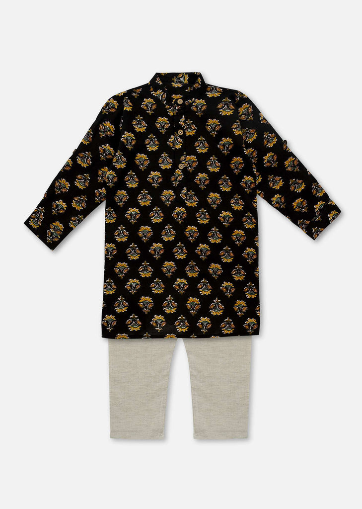 Kalki Black Printed Kurta Pant Set In Cotton For Boys